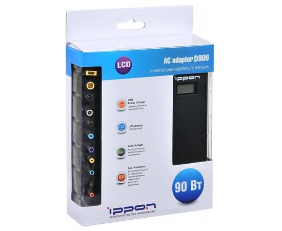  Блок питания Ippon (D90U) автоматический 90W 15V-19.5V 11-connectors 8A 1xUSB 2.1A от бытовой электросети LСD индикатор 