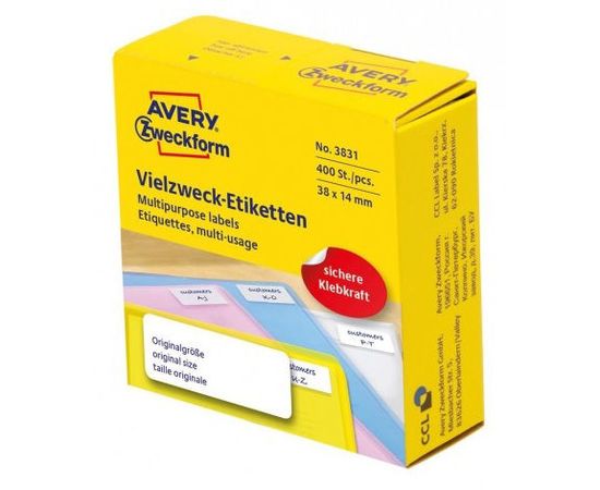  Этикетки Avery Zweckform 3831 38x14мм 400шт на листе/70г/м2/белый самоклей. универсальная (упак.:1рул) 