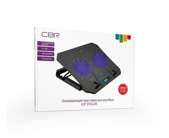  Подставка для ноутбука CBR CLP 15512D, 15,6", 370x265x32 мм, с охлаждением, 2xUSB, вентиляторы 2х110 мм, 51 CFM, LED-подсветка, LCD-дисплей 