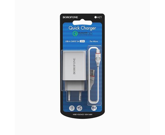  Адаптер Сетевой с кабелем Borofone BA21A Long QC3.0 1USB/5V/3A +micro USB (white) 