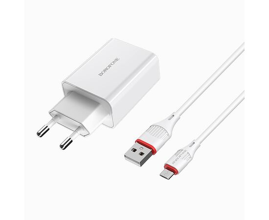  Адаптер Сетевой с кабелем Borofone BA21A Long QC3.0 1USB/5V/3A +micro USB (white) 