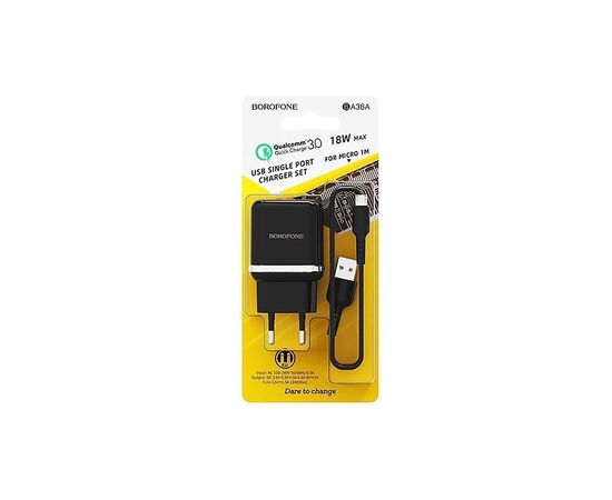  Адаптер Сетевой с кабелем Borofone BA36A High 1USB/5V/3A QC3.0 +micro USB (black) 