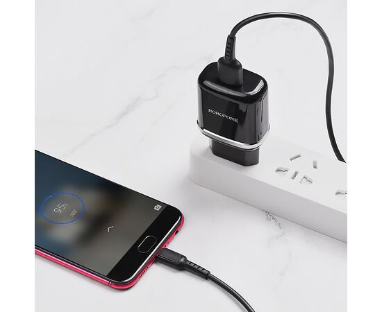  Адаптер Сетевой с кабелем Borofone BA36A High 1USB/5V/3A QC3.0 +micro USB (black) 