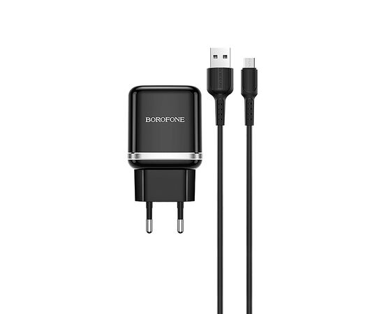  Адаптер Сетевой с кабелем Borofone BA36A High 1USB/5V/3A QC3.0 +micro USB (black) 
