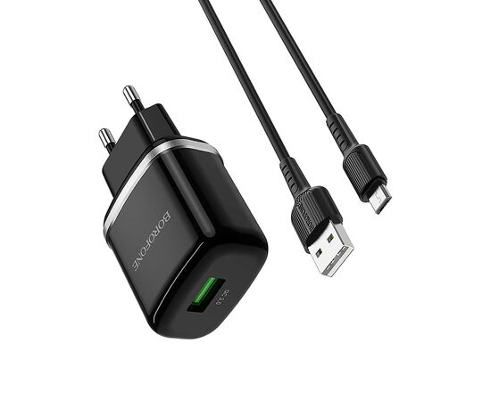  Адаптер Сетевой с кабелем Borofone BA36A High 1USB/5V/3A QC3.0 +micro USB (black) 