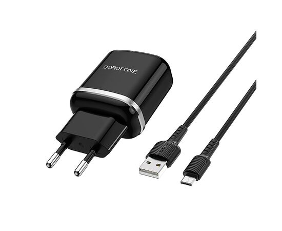  Адаптер Сетевой с кабелем Borofone BA36A High 1USB/5V/3A QC3.0 +micro USB (black) 