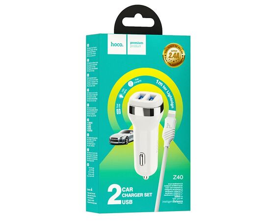  Адаптер Автомобильный с кабелем Hoco Z40 Superior 2USB/5V/2.4A +lightning (white) 