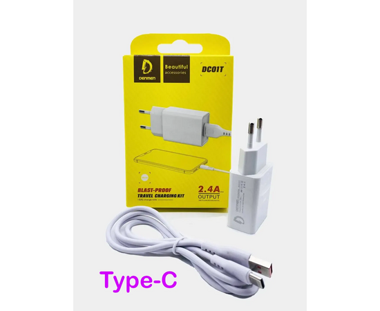  СЗУ 2в1 Denmen DC01T, Type-C, 2.4А, 1 USB, 5V, 1.2 м, белый, фирменная упаковка 