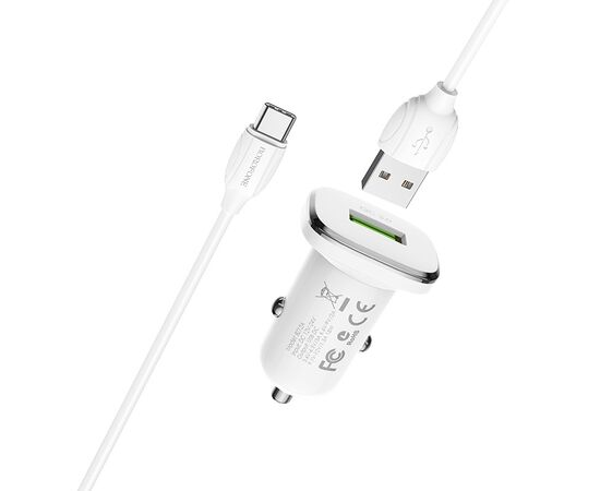  Блок питания автомобильный 1 USB Borofone, BZ12A, Lasting power, 3A, пластик, QC3.0, кабель микро USB, цвет: белый (1/44/176) 