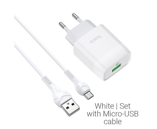  Блок питания сетевой 1 USB HOCO, C72Q, Glorious, 3A, пластик, QC3.0, кабель микро USB, цвет: белый 