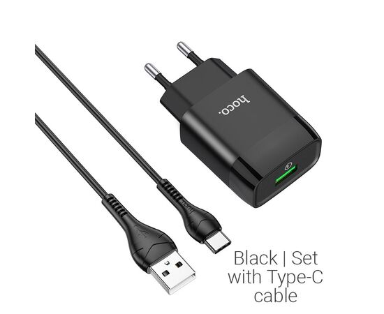  Блок питания сетевой 1 USB HOCO, C72Q, Glorious, 2400mA, пластик, QC3.0, кабель Type-C, цвет: чёрный (1/30/180) 