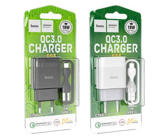  Блок питания сетевой 1 USB HOCO, C72Q, Glorious, 2400mA, пластик, QC3.0, кабель Type-C, цвет: чёрный (1/30/180) 