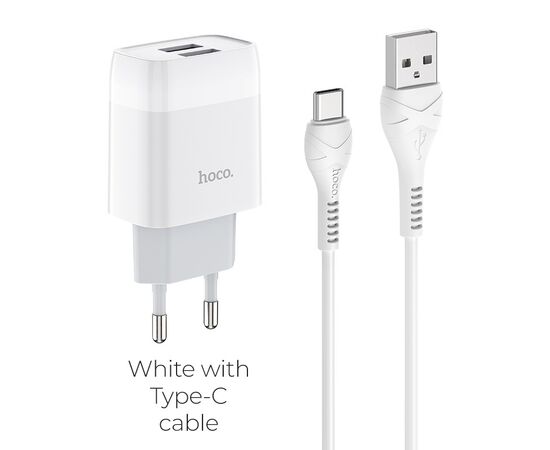  Блок питания сетевой 2 USB HOCO, C73A, Glorious, 2400mA, пластик, кабель Type-C, цвет: белый(1/30/180) 