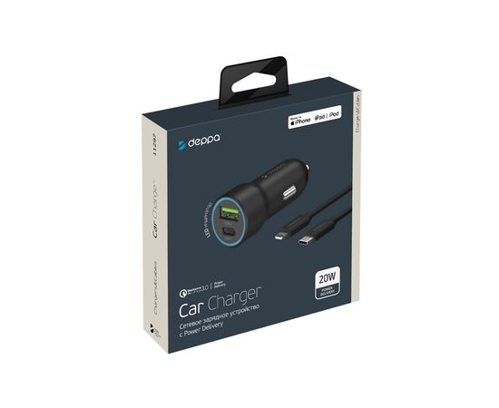  АЗУ USB-C + USB A, PD 3.0, QC 3.0, 20W, дата-кабель USB-C - Lightning (MFI), 1.2м, черный, Deppa, 11297 