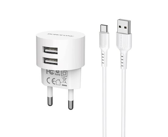  Блок питания сетевой 2 USB Borofone, BA23A, BRILLIANT, 2.4A, пластик, цвет: белый (1/48/288) 