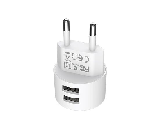  Блок питания сетевой 2 USB Borofone, BA23A, BRILLIANT, 2.4A, пластик, цвет: белый (1/48/288) 