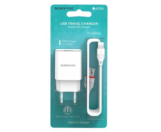  Адаптер Сетевой с кабелем Borofone BA20A Sharp USB 2,1A/10W (USB/Lightning) (white) (124274) 