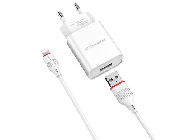  Адаптер Сетевой с кабелем Borofone BA20A Sharp USB 2,1A/10W (USB/Lightning) (white) (124274) 