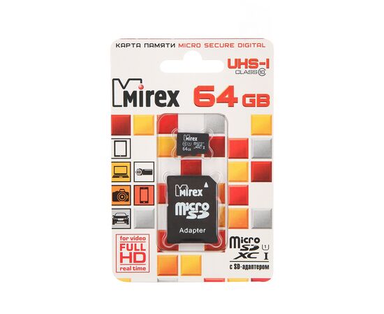  Карта памяти Mirex microSD 64GB Class 10 UHS-I (SD адаптер) (13613-AD10SD64) 