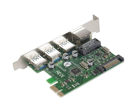  Контроллер сетевой ExeGate EXE-361 EX283714RUS (PCI-E x1 v2.0, 3*USB3.0 ext. + LAN UTP 1000Mbps, разъем доп.питания, Chipset VL805 + RTL8153B) 