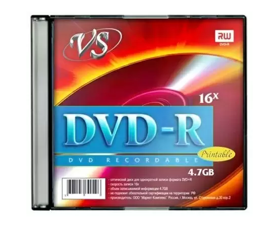  Диск DVD-R VS (VSDVDRIPSL501) 4.7 Gb, 16x, Slim Case (5), Ink Printable (5/200) 