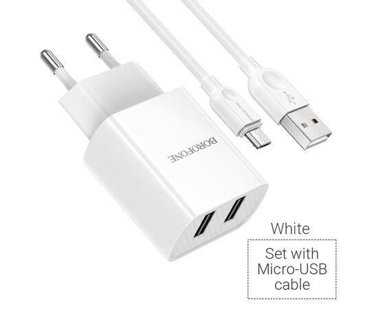  Блок питания сетевой 2 USB Borofone, BA53A, Powerway, 2100mA, пластик, кабель микро USB, цвет: белый(1/48/192) 