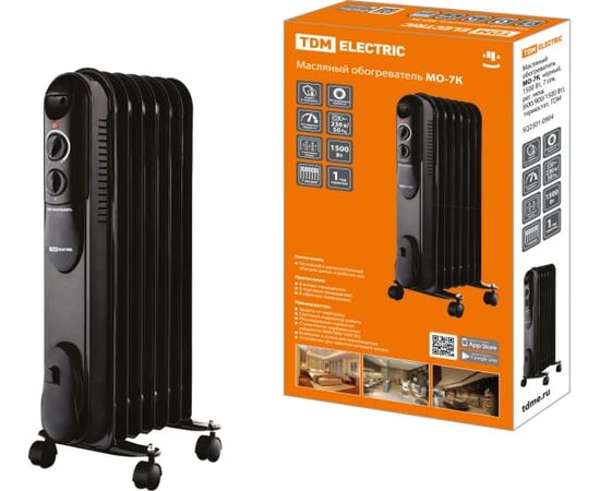  Масляный обогреватель TDM ELECTRIC МО-7К (SQ2501-0904) чёрный, 1500 Вт, 7 сек, рег. мощ. (600/900/1500 Вт), термостат 