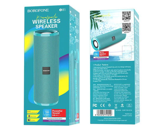  Колонка портативная Borofone BR1, Beyond, пластик, Bluetooth, FM, AUX, microSD, цвет: бирюзовый (1/60) 