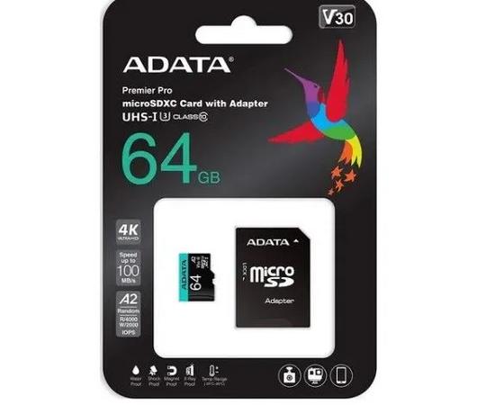  Карта памяти ADATA AUSDX64GUI3V30SA2-RA1 MicroSDXC UHS-I U3 V30S A2 100/75 MB/s 64GB Retail W/1 Adapter 