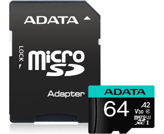  Карта памяти ADATA AUSDX64GUI3V30SA2-RA1 MicroSDXC UHS-I U3 V30S A2 100/75 MB/s 64GB Retail W/1 Adapter 
