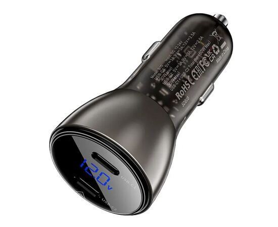  АЗУ ACEFAST B10 metal car charger 60W (USB-C + USB-C) with digital display (черный) 