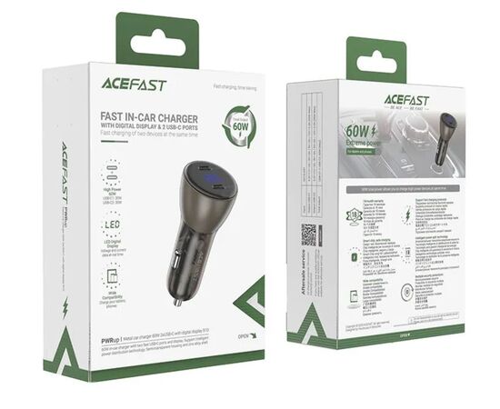  АЗУ ACEFAST B10 metal car charger 60W (USB-C + USB-C) with digital display (черный) 