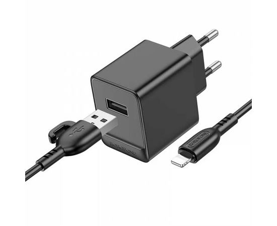  Блок питания сетевой 1 USB Borofone BAS11A Erudite, пластик, 2.1A, кабель USB - 8 pin, цвет: чёрный (1/60/240) 