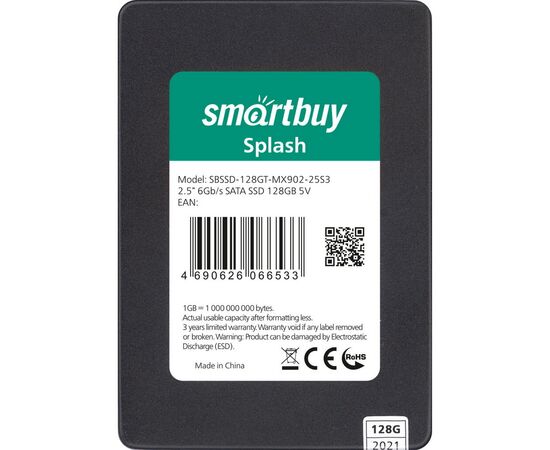  Внутренний SSD  Smart Buy  128GB  Splash M2, SATA-III, R/W - 560/500 MB/s, 2.5", Maxio MS0902, TLC 3D NAND 