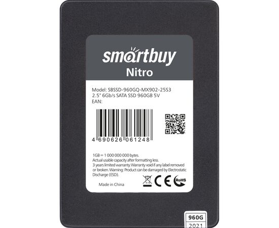  Внутренний SSD  Smart Buy  960GB  Nitro, SATA-III, R/W - 500/560 MB/s, 2.5", Maxio MAS0902, QLC 3D NAND 