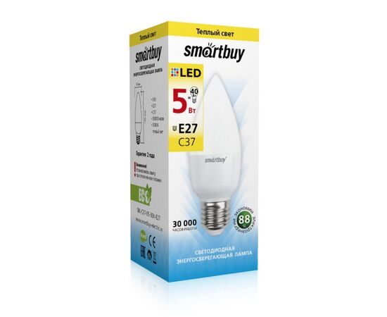  Лампа светодиодная SMARTBUY C37 5Вт 220V 3000K E27 (свеча, теплый свет) (1/10/50) 