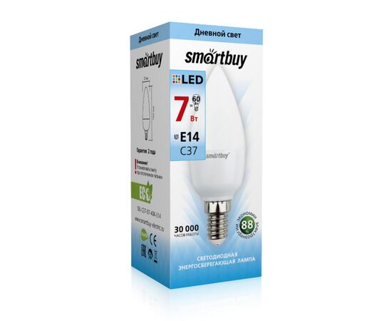  Лампа светодиодная SMARTBUY C37 7Вт 220V 4000K E14 (свеча, нейтральный свет) (1/10/50) 