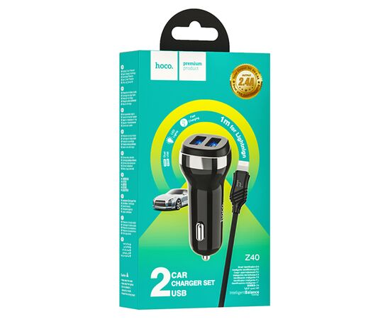  Автомобильное зарядное устройство HOCO Z40 Superior, 2xUSB с Кабелем USB - Lightning, 2.4A, черный 