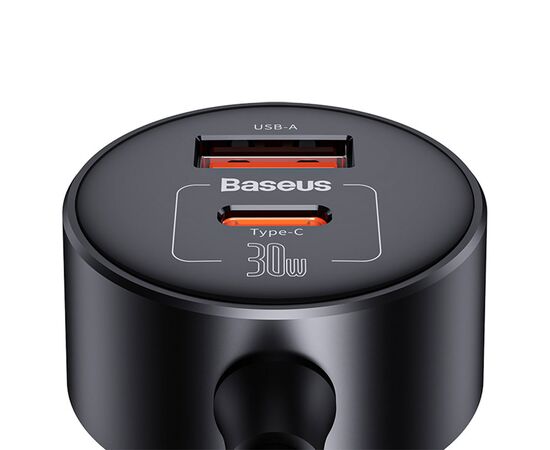  Автомобильное зарядное устройство BASEUS High Efficiency Pro, 1xUSB + 1xUSB-C с разветвителем 2 прикуриватель, 3A, 30W, черный 