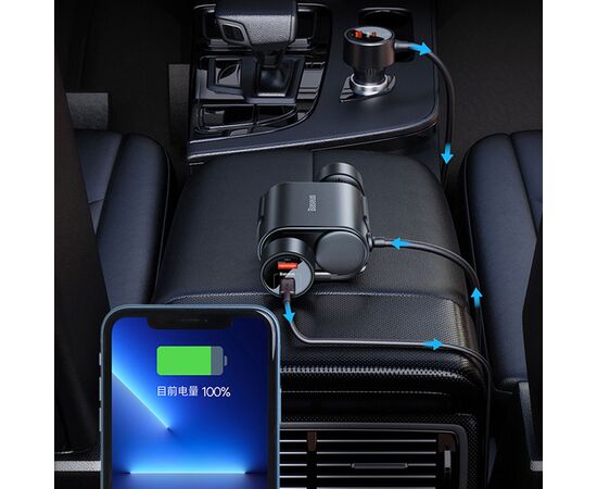  Автомобильное зарядное устройство BASEUS High Efficiency Pro, 1xUSB + 1xUSB-C с разветвителем 2 прикуриватель, 3A, 30W, черный 