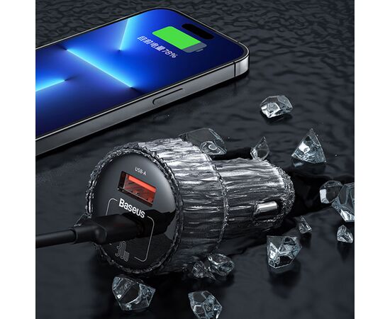  Автомобильное зарядное устройство BASEUS High Efficiency Pro, 1xUSB + 1xUSB-C с разветвителем 2 прикуриватель, 3A, 30W, черный 