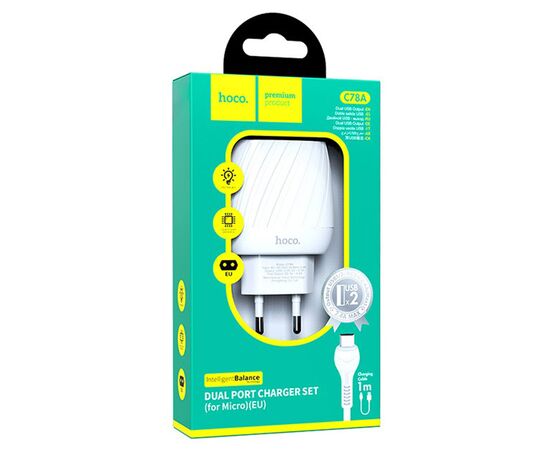  Сетевое зарядное устройство HOCO C78A Max energy 2xUSB с Кабелем USB - Micro, 2.4A, 10.8W, белый 