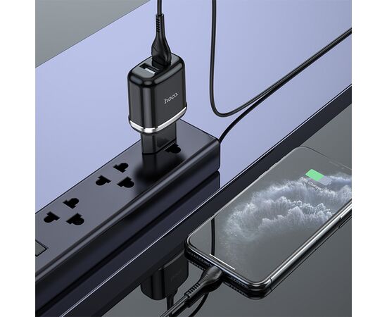  Сетевое зарядное устройство HOCO N4 Aspiring 2xUSB с Кабелем USB - Lightning, 2.4A, 10.8W, черный 