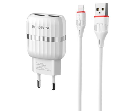  Сетевое зарядное устройство BOROFONE BA24A Vigour 2xUSB с Кабелем USB - Lightning, 2.4A, белый 