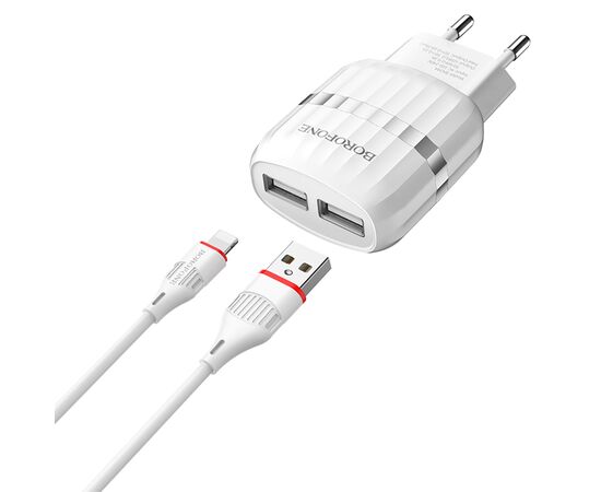 Сетевое зарядное устройство BOROFONE BA24A Vigour 2xUSB с Кабелем USB - Lightning, 2.4A, белый 