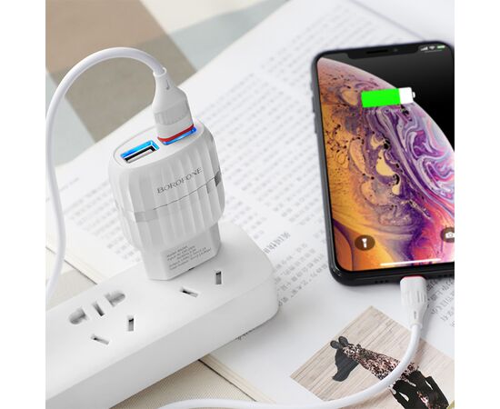  Сетевое зарядное устройство BOROFONE BA24A Vigour 2xUSB с Кабелем USB - Lightning, 2.4A, белый 