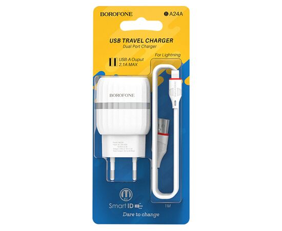  Сетевое зарядное устройство BOROFONE BA24A Vigour 2xUSB с Кабелем USB - Lightning, 2.4A, белый 