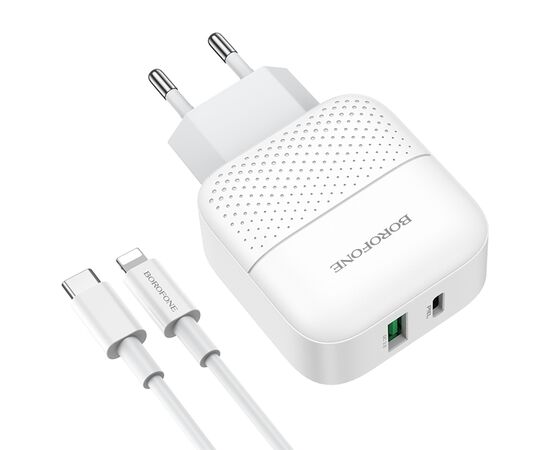  Сетевое зарядное устройство BOROFONE BA46A Premium 1xUSB + 1xUSB-C с Кабелем Type-C - Lightning, 3A, 18W, белый 