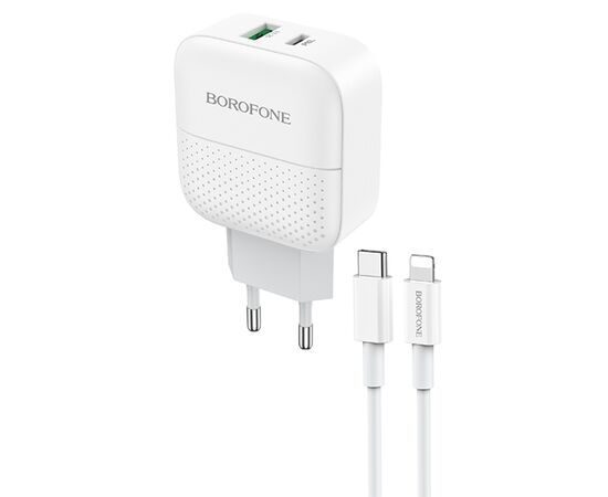  Сетевое зарядное устройство BOROFONE BA46A Premium 1xUSB + 1xUSB-C с Кабелем Type-C - Lightning, 3A, 18W, белый 