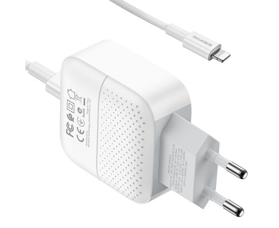  Сетевое зарядное устройство BOROFONE BA46A Premium 1xUSB + 1xUSB-C с Кабелем Type-C - Lightning, 3A, 18W, белый 